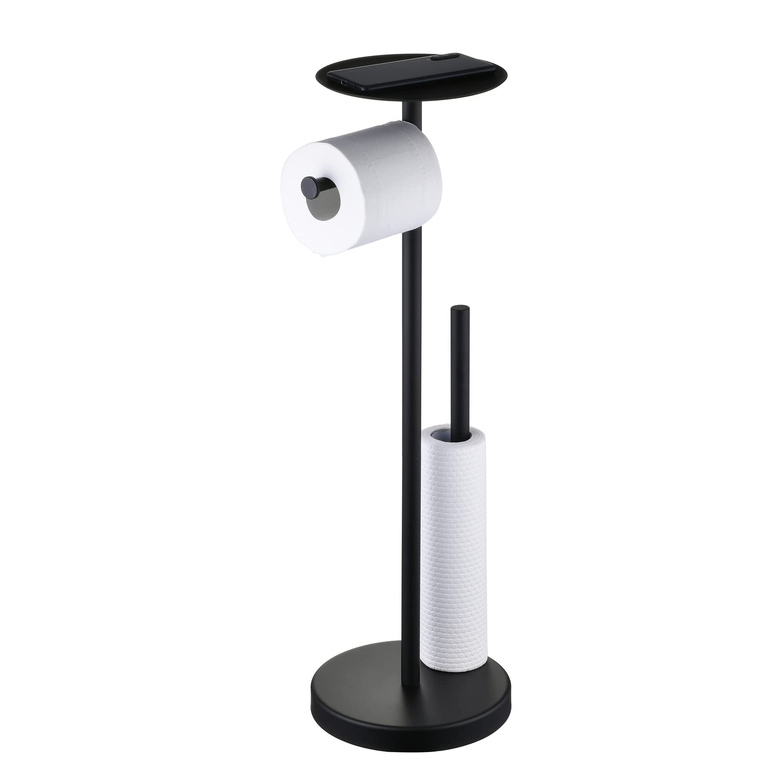 Free Standing Toilet Roll Holder with Shelf, Black Toilet Paper Holder Stand with Storage Reserve, Stainless Steel SUS304, SHUNLI