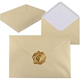 UoeRing A7 Self-Sealing Beige Envelopes 50 Pcs - 5x7 Inches (5.31×7.67in) Premium 120g Pearl Glitter Paper - Printable & Writable for Wedding Invitations, Greeting Cards - Includes Gold Stickers