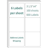 InpourPack 100 Sheets 6 up Labels, Shipping Address Labels 3-1/3" x 4" for Laser & Inkjet and Copier Printer, 6 up Self Adhesive Sticker (600 Labels Total)