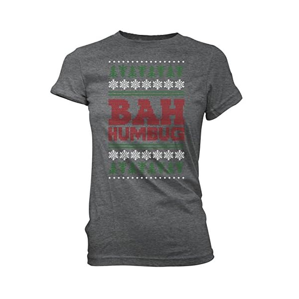Women's Funny Bah Humbug Ugly Christmas Sweater Print Graphic T-Shirt by Four Seasons Design (Lightweight, Junior Size)