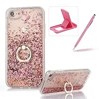Hard Case for iPhone 7,Plastic Glitter Case for iPhone 8,Herzzer Luxury 3D Creative Design Rose Gold Liquid Quicksand Sparkly Crystal Clear Protective Skin Back Case with 360 Degree Ring Holder