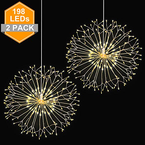 Wellerly Fairy String Lights, 2 Pack 8 Modes 198 LED Fireworks Starburst Dandelion Fairy Lights Battery Operated DIY Hanging Remote Control Waterproof Decorative Sliver Wire for Party - Warm White - Thumbnail 7