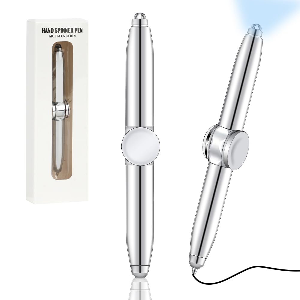AUAUY 2 PCS Fidget Pen with LED Light, Multi-functional Spinning Pen Help Thinking & Relieve Stress Fidget Ballpoint Pen, Rotating Anti Stress Anxiety Gift Pen for Business Adults Students Kids-Silver