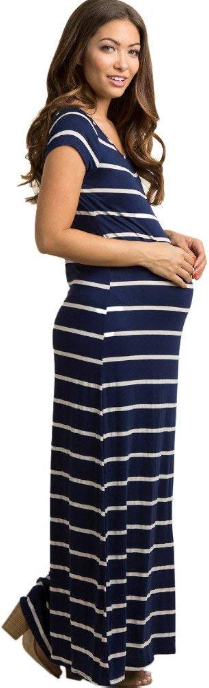 Elegant Stripe Maternity Dress Short Sleeve Maxi Dresses Ankle Clothing
