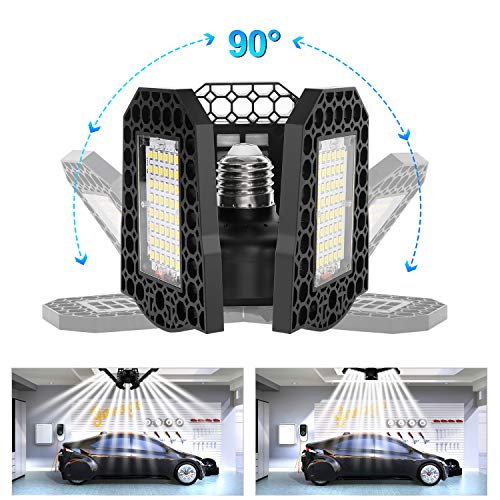 Gyrategirl LED Garage Lights, 80W Deformable Triple Glow Garage Lighting with 3 Adjustable LED Panels, E26 E27 Ceiling Light Led Shop Lights for Garage Warehouse Basement Workshop Outdoor and Yard