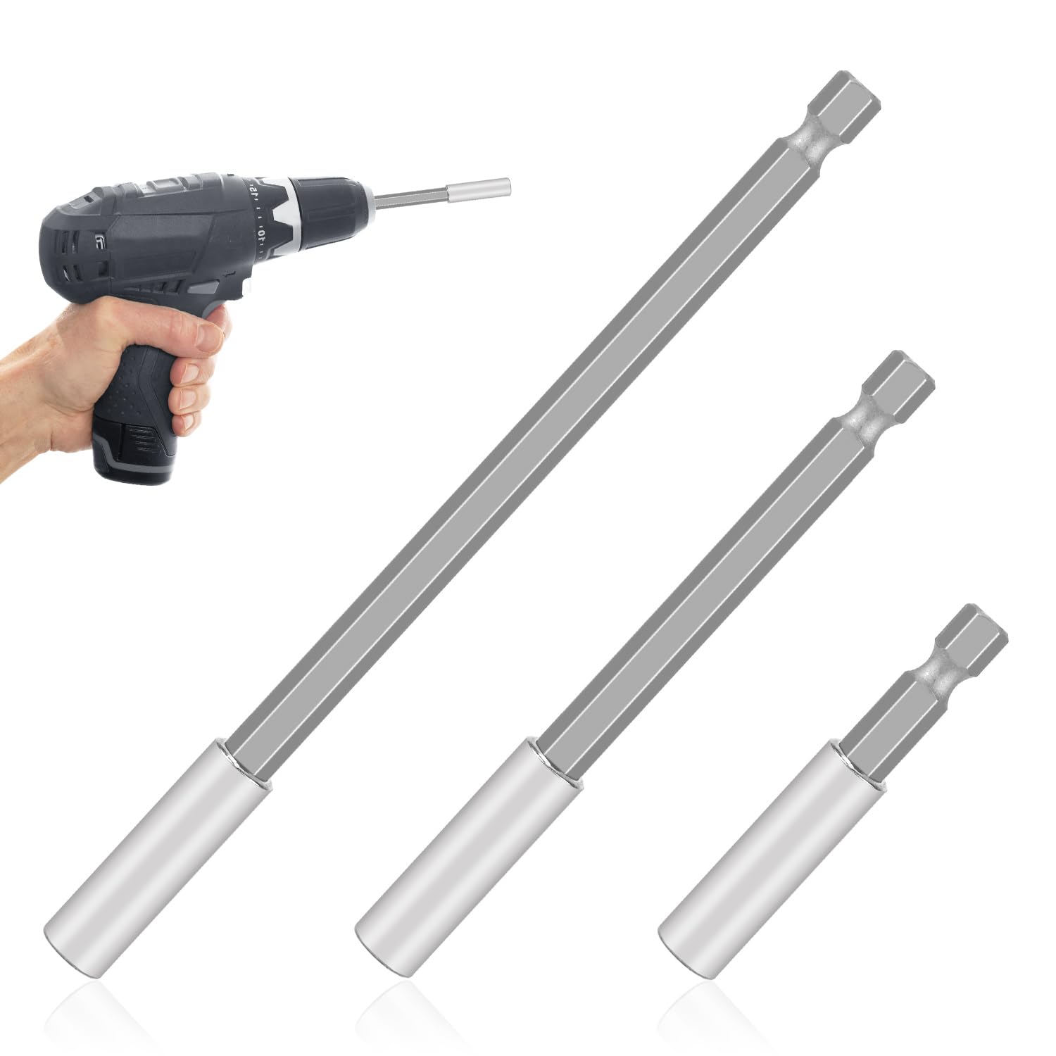 3PCS Strong Magnetic Drill Bit Extension Holders, 2.4" / 3.9" / 5.9" Magnetic Screwdriver Extension Bit Holder for Impact Driver, 1/4" Hex Shank Drill Bits Holder Extender for Maintenance