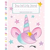 Draw and Write Journal: Cute Rainbow Unicorn Face Primary Composition Notebook Dashed Midline with Half Page Drawing Space for K-2 | Kindergarten to ... Elementary School Supplies | Rose Pink Purple