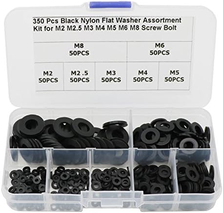 350 Pcs Nylon Flat Washers Assortment Kit for M2 M2.5 M3 M4 M5 M6 M8 Screws Bolts-Black