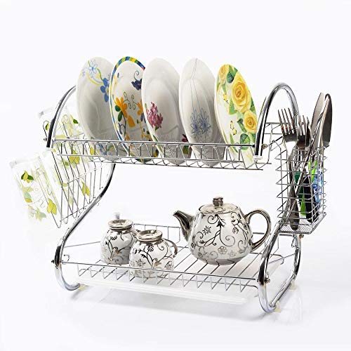 Stainless Steel 2-Tier Drying Dish Rack,Kitchen Multifunctional Durable Rust-resistance Dish Drainer with Chopstick Cup Holder and Water Catcher for Dishes Plates Cups Bowls (Shipped From US) (Silver) - Thumbnail 3