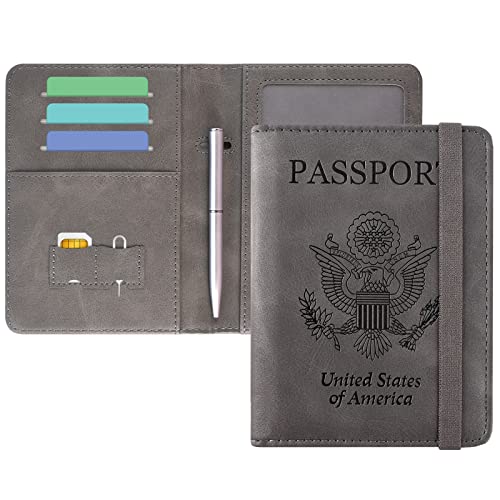 DMLuna Passport Holder, Premium PU Leather Travel Passport Wallet RFID Blocking Passport Cover Case Travel Documents Organizer with Pen Holder, for Women and Men