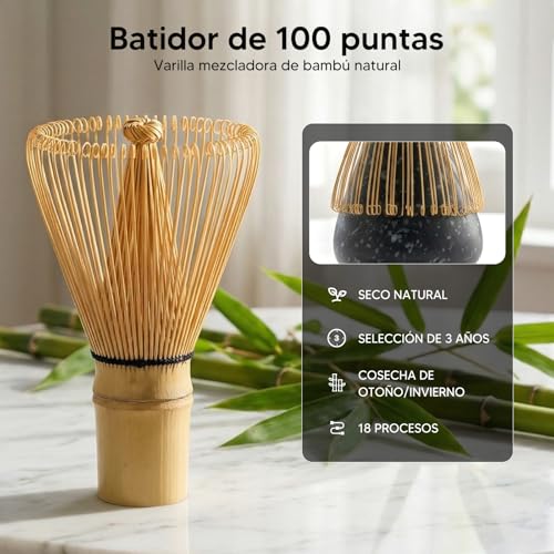 Kit de Té Matcha Tradicional, Juego de Té Matcha 8 Piezas – Tazón de Cerámica Artesanal, Batidor de Bambú, Soporte y Cuchara Kit Completo para Ceremonia de Té Japonesa en Casa (negro)