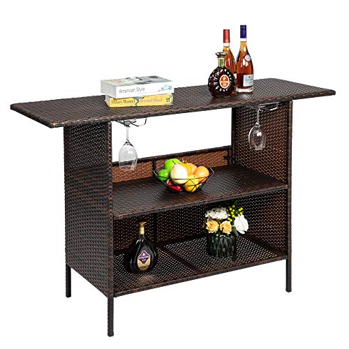 HomVent Outdoor Patio Rattan Wicker Bar Counter Table with 2 Storage