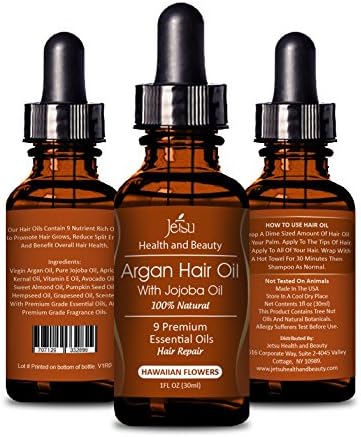 Argan Oil for Hair, HAWAIIAN FLOWERS Scent - Repair Damaged Hair, Daily Hair Moisturizer, 9 Premium Quality Natural Essential Oils, including Jojoba Oil for Hair. FREE easy to use Dropper.