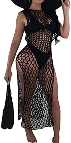 CXINS Women High Split Bathing Suit Cover up Beach Bikini Swimsuit Swimwear Hollow Out Crochet Dress Size S Black