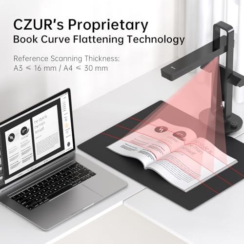 CZUR Aura Pro Book and Document Scanner, Capture A3 and A4, AI Technology for Automatic Smooth and Rotate Image, Foldable and Portable, Compatible with Windows and Mac OS