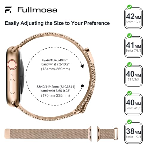Fullmosa Compatible with Apple Watch Strap 41mm 40mm 38mm 42mm Women Men, Stainless Steel Milanese Loop Bracelet iWatch Bands Series SE3/2/1 Series11 10 9 8 7 6 5 4 3 2 1,Rose Gold