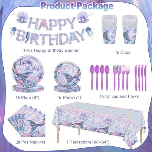 Kastwave 118Pcs Mermaid Birthday Party Supplies Decorations Set Includes Plates, Napkin, Fork, Cup, Tablecloth, Banner For Baby Shower Ocean Decorations, Serves 16