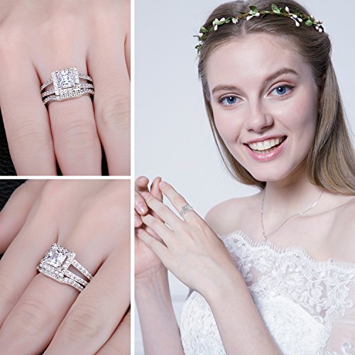 JewelryPalace Wedding Rings Halo Solitaire Engagement Rings For Women Anniversary Promise Ring Bridal Sets 1.3ct Princess Cubic Zirconia 925 Sterling Silver Ring Sets Size 8