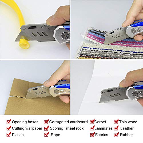 Folding Utility Knife Dual Blades Stainless Steel/Box Cutter with Clip + Pouch + 5 Blades