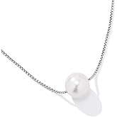 JTV Freshwater Pearl Pendant Necklace for Women - 10.5 mm Floating Pearl on Rhodium-Plated Sterling Silver - Adjustable Real Pearl Necklace - Elegant Timeless Jewelry Gift in Box
