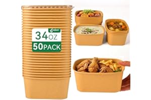 1000ml Disposable Paper Bowls, 50sets Kraft Paper Bowls w/Lids, 33oz Non-Spill Meal Prep Food Container, Great for Restaurant