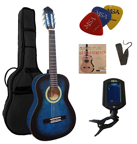 34-GITARRE-KONZERTGITARRE-IM-SET-CLASSIC-BLAU-SCHATTIERT-DECKE-LINDENHOLZ-TASCHE-BAND-SAITEN-3xPIK-STIMMGERT-ET33B-C9