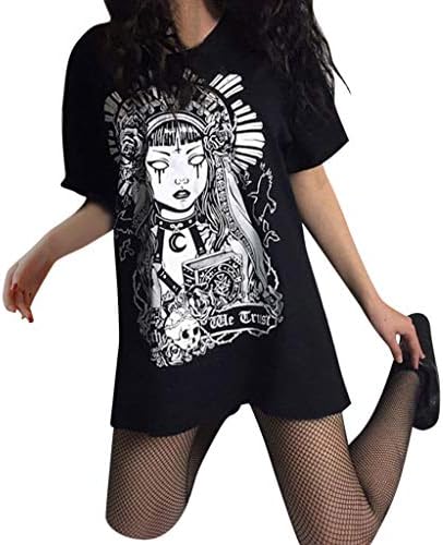 AmyDong Women's Plus Size Cotton Blend Street Gothic Style Punk Retro Printed Short Sleeve Loose Dress Black