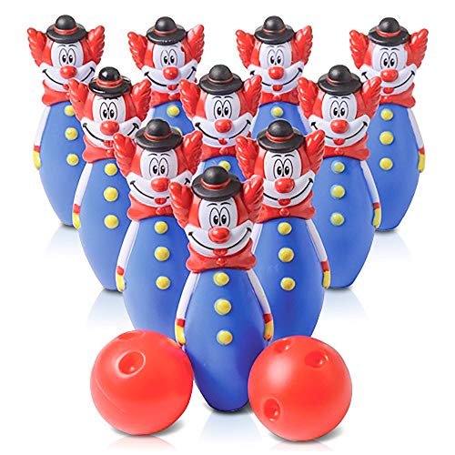 Gamie Clown Bowling Set for Kids - Includes 10 Pins and 2 Balls - Durable Plastic Indoor and Outdoor Game - Fun Carnival and Birthday Party Activity for Boys, Girls, Toddlers