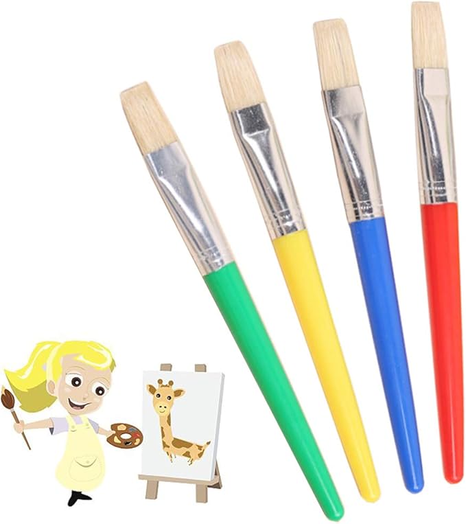 Kids Paint Brushes, 4 Pcs Childrens Paint Brushes Set Flat Tip Painting Brushes Starter Set with