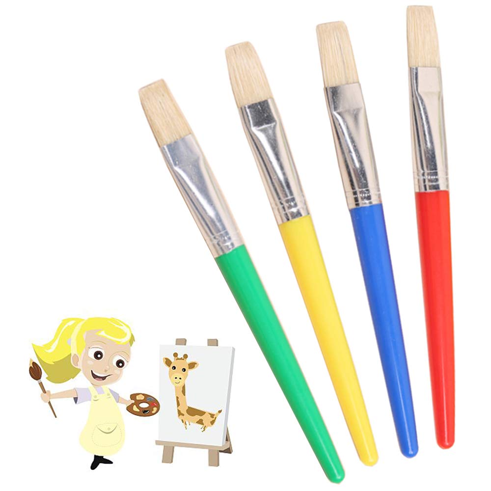 Kids Paint Brushes, 4 Pcs Childrens Paint Brushes Set Flat Tip Painting Brushes Starter Set with Handle and Hog Bristles, Colorful Paint Brushes for Kids Children Toddlers Beginners Art Supplies