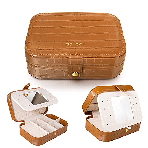 S.Leaf Travel Jewelry Organizer Boxes for Women Small Portable Necklace Earrings Bracelet Rings Travel Case Best Friend Birthday Gifts for Women Trendy (16_Crocodile_Brown_Big)