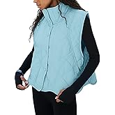Misng Women Quilted Vest Stand Collar Sleeveless Lightweight Button Down Cropped Outerwear Wavy hem Coat with Pockets