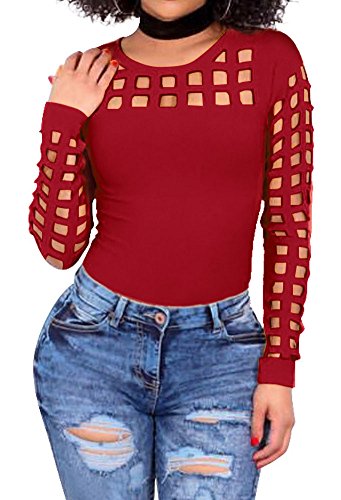 Ladies Chic Hollow Out Henley Shirt Tops with Ripped Long Sleeve Wine Red L