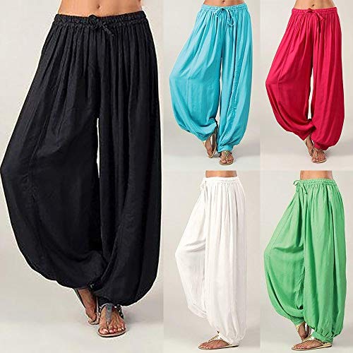 EINCcm Women Pants, Cotton Linen Elastic Waist Wide Leg Plain Pants Harem Pants Summer Comfortable Long Pants(White, L) - Thumbnail 5