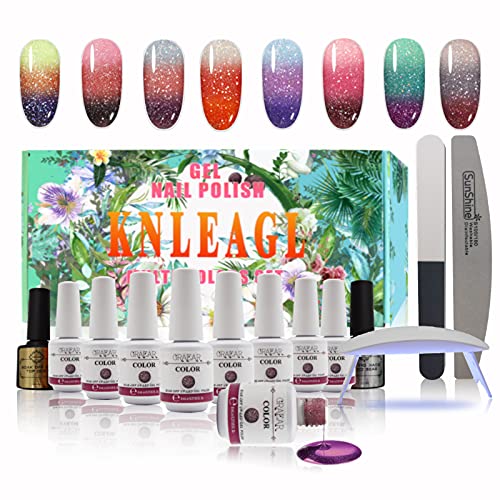 KNLEAGL Gel Nail Polish temperature change color gel 8pc color collection with UV Light 6W Nail Dryer Lamp, Gel Nail Polish Kit with Base and Gel Top Coat, Portable Gel Nail Starter Kit Professional