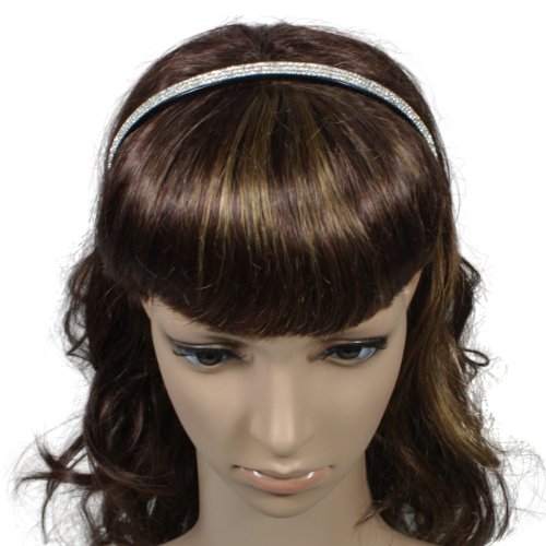 Fancy Starry Triple Crystal Rhinestone Row 0.4" Black Tone Headband - White