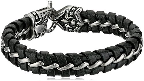 Mens Dual Finish Stainless Steel Interwoven Black Leather Curb Chain Bracelet (12.2mm Wide), 8.5-Inch, Black/White