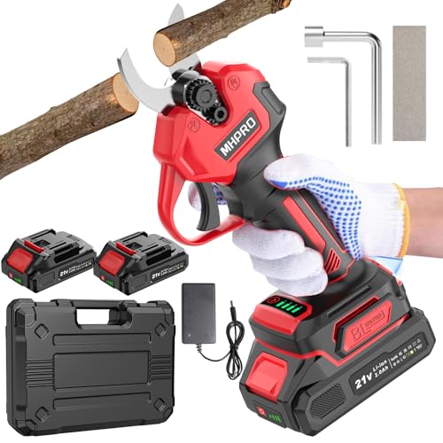 MHPRO Brushless Cordless Pruning Scissors, Electric Pruning Scissors 600W with 2 x 21 V 2000 mAh Batteries, LCD Screen, for Orchards, Landscaping and Professional Gardening, Red