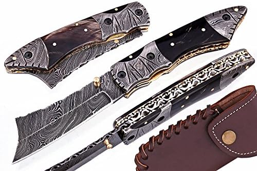 AishaTech Black Knots Unique Tanto style Hand Made Folding Knife Damascus steel blade Horn Handle
