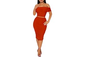 Oumrdeo 2 Piece Skirt Set Sexy Mesh Ruched Bodycon Tube Top Cocktail Party Midi Dress Club Outfits