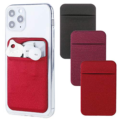 3Pack Cell Phone Card Holder[Double Secure with Pocket for ID/Credit Cards] for Back of Phone,Stick On Card Wallet Sticker Stretchy Lycra Fabric for iPhone,Android and Smartphones-Wine Red&Red&Black - Thumbnail 7