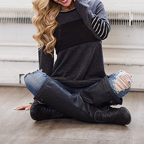 Women's Patched Tops Duseedik Long Sleeve Round Neck Elbow Patched Color Block Stripe Shirt
