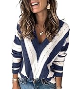 Asvivid Color Block Striped V Neck Sweater for Women Long Sleeve Knit Pullover Jumper Tops
