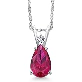 Gem Stone King 14K White Gold Red Created Ruby and Lab Grown Diamond Pendant Necklace for Women | 1.49 Cttw | Gemstone July Birthstone | Pear Shape 9X6MM | With 18 Inch Chain