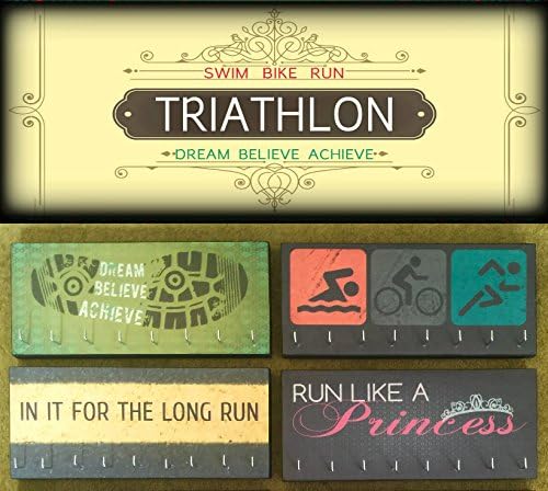Race Medal Holder / Athletic Medal Hanger - TRIATHLON SWIM BIKE RUN DREAM BELIEVE ACHIEVE. Wood Wall Mounted Medal Organizer. CUSTOMIZATION Available