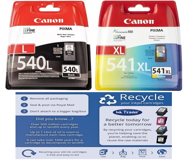 PG-540 L & CL-541 XL Genuine Ink Cartridges For Pixma Printers & Ink Trader Freepost Recycling Pack - Packaging May Vary