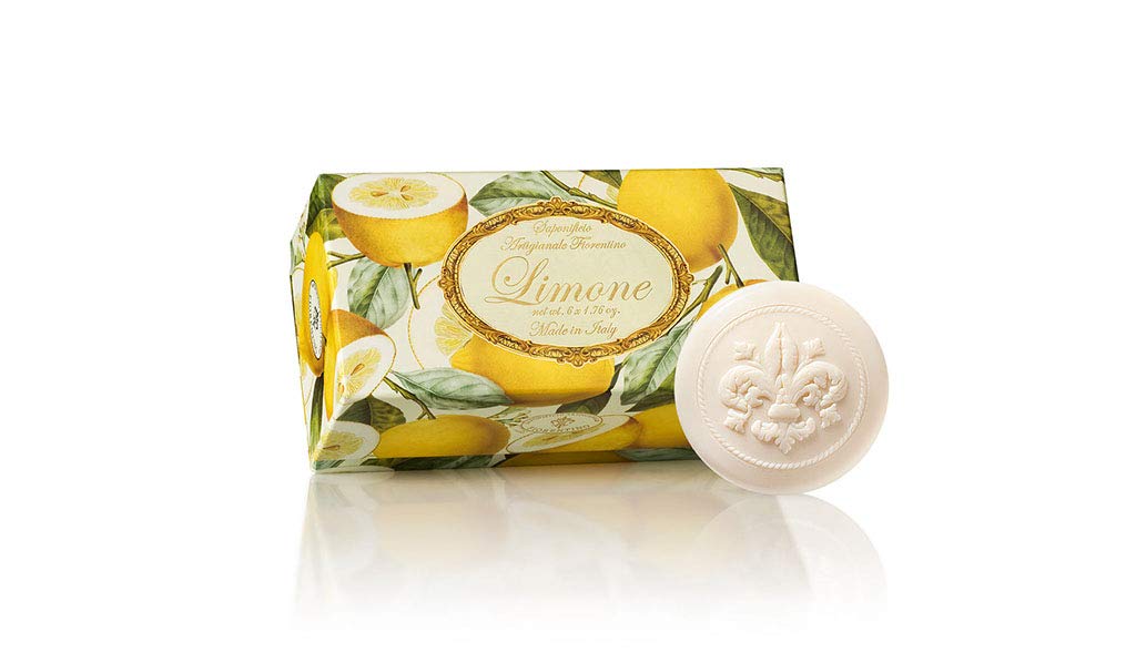 Lemon soap, box of 6 bars of round guest soaps carved with Florentine lily, 6 x 1.76 oz. by Saponificio Artigianale Fiorentino