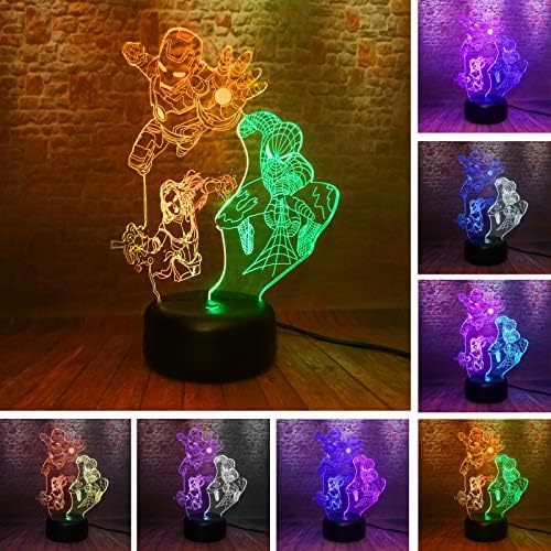 Marvel Legends Novelty Mix-Color 3 Hero Spider Man Ironman Captain Marvel 3D Movie Collection Figure Action Dual 7 Color Change Night Light Boys Bedroom Decor (Iron Man & Spider Man & Captain Marvel)