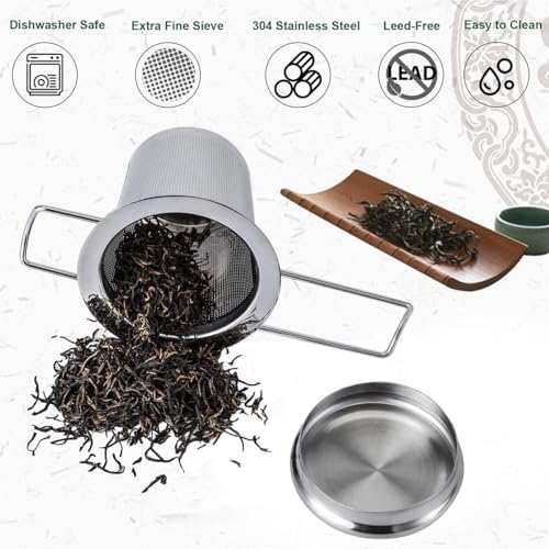 HAUSPROFI Tea Infuser, 304 Stainless Steel Tea Strainer with Lid and Foldable Handle, Tea Filter for Teapots Cups Mugs to Brewing Steeping Loose Leaf, 1 Pack