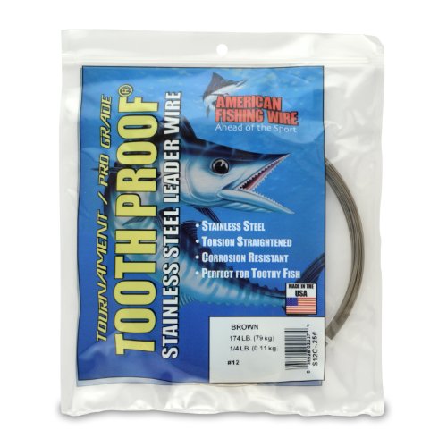 American Fishing Wire Tooth Proof Stainless Steel Single Strand Leader Wire, Size 12, Camo Brown Color, 174 Pound Test, 1/4 Pound Coil